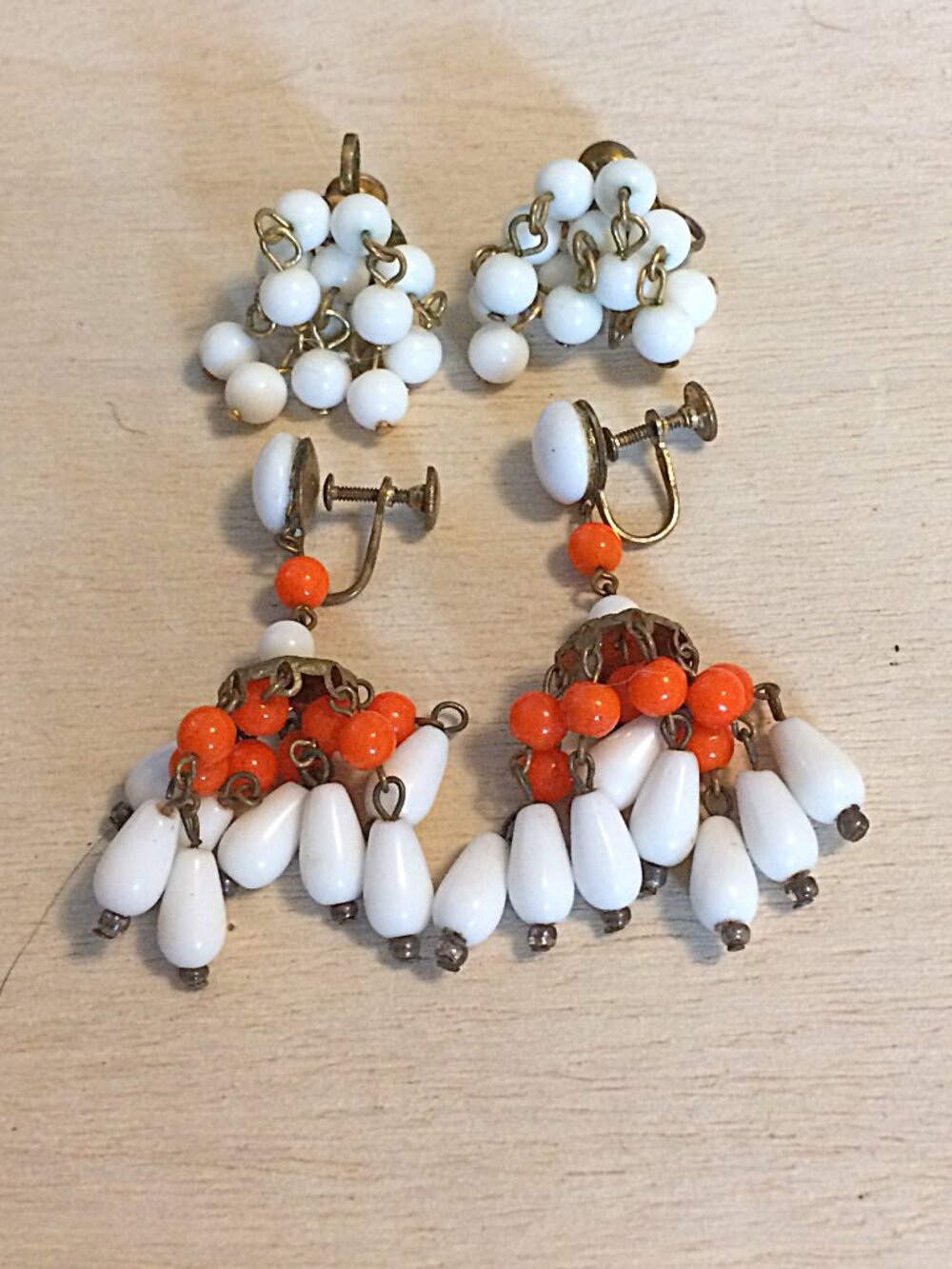 Vintage 1950s Opaque Beaded Chandelier and Grape Cluster Screw-Back Earrings